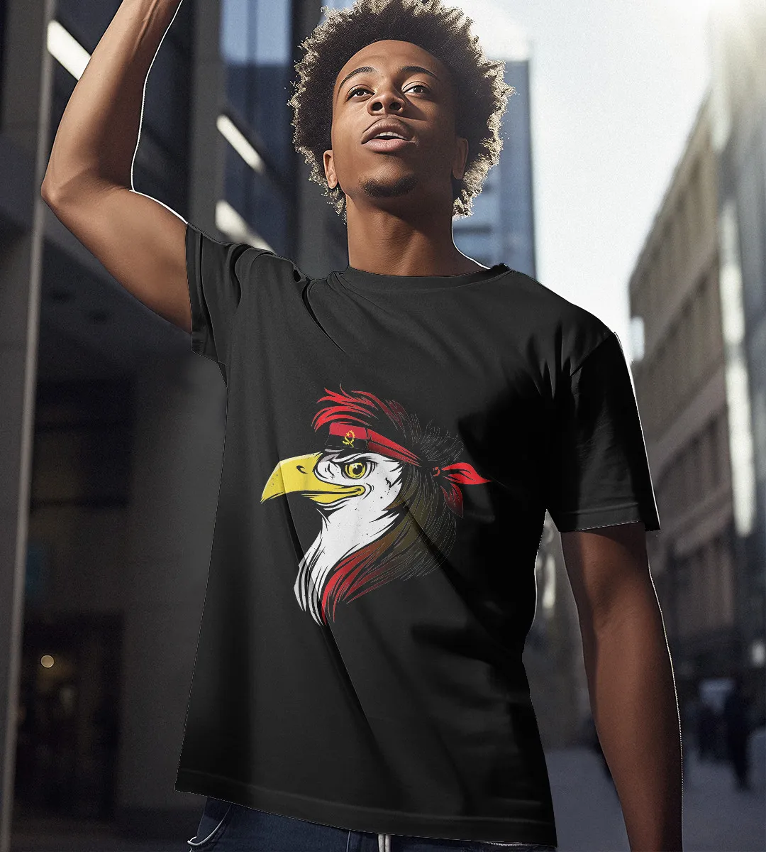 1sttheworld T-Shirt - Eagle Angola Flag T-Shirt Black A35