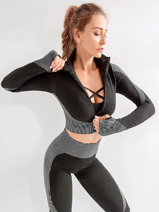 2 piece Zipper Long Sleeve Patchwork Set