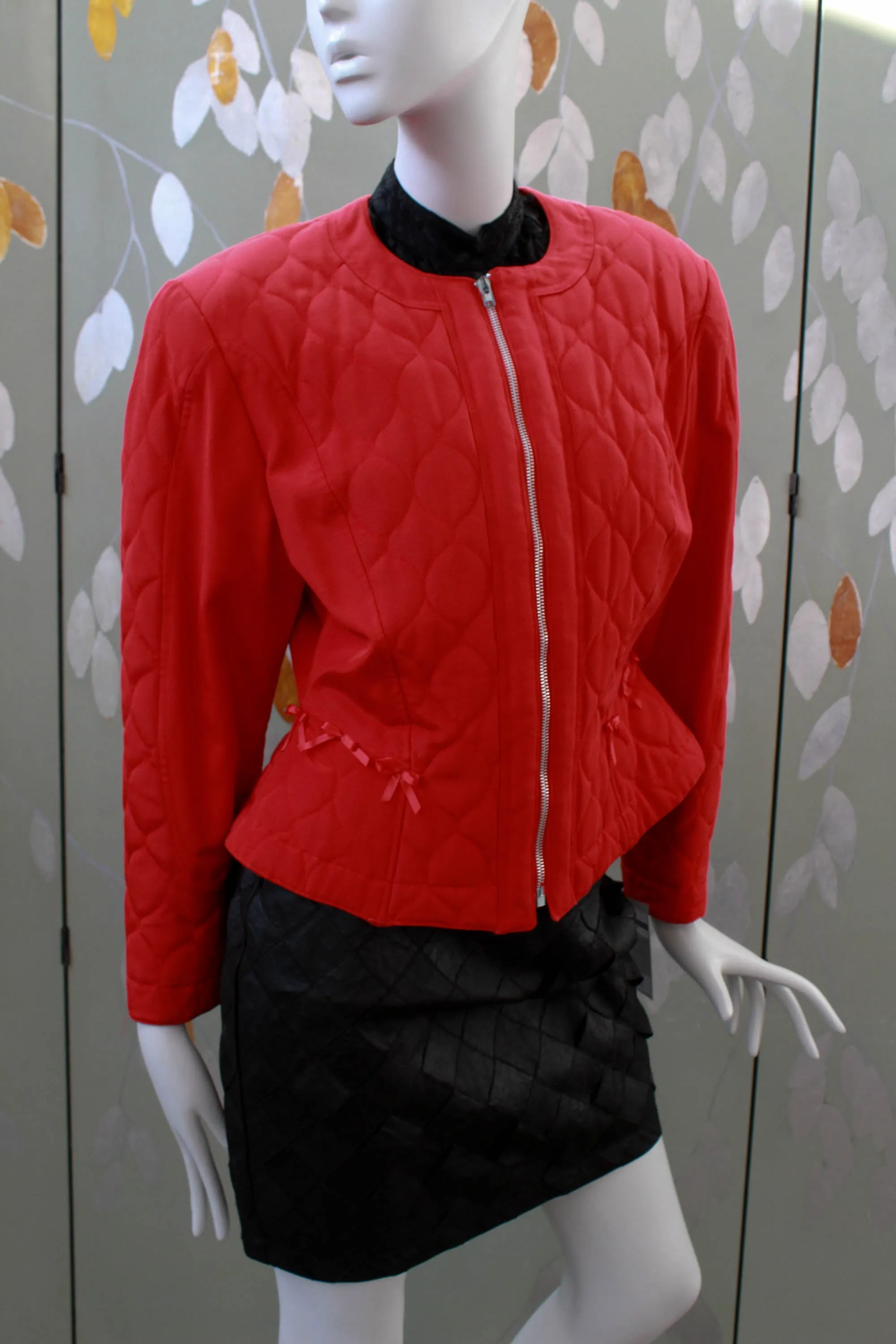 80s Red Quilted Jacket with Bows, Medium