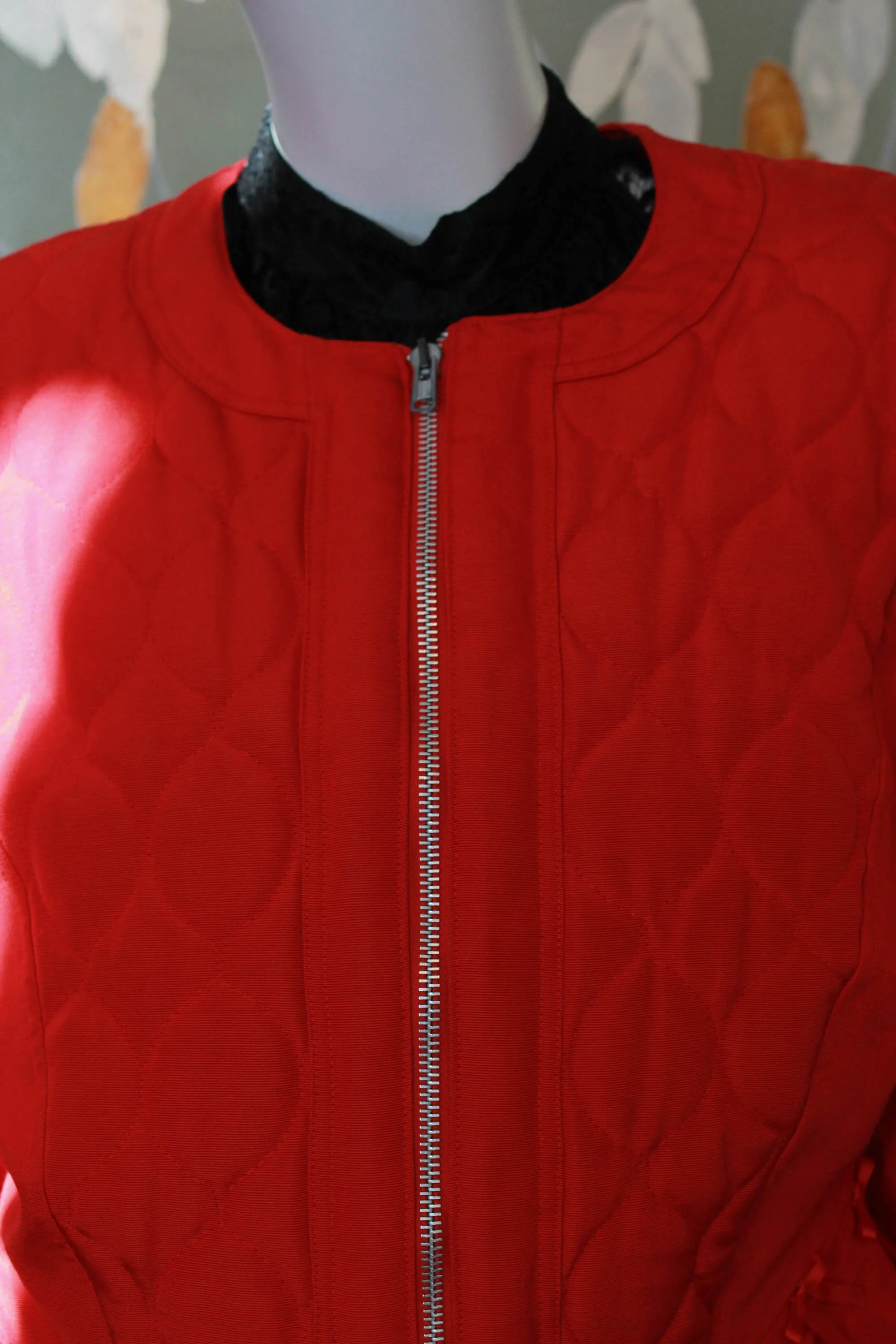 80s Red Quilted Jacket with Bows, Medium