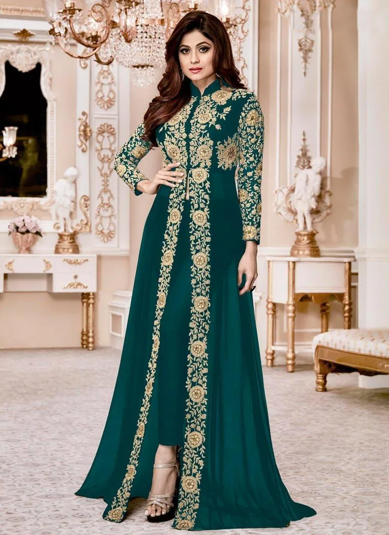 Admirable Pine Green Color Georgette Base Slit Cut Suit