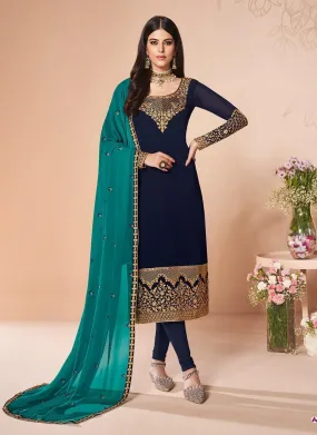 Adorable Navy Blue Color Georgette Fabric Zari Work Pant Style Suit