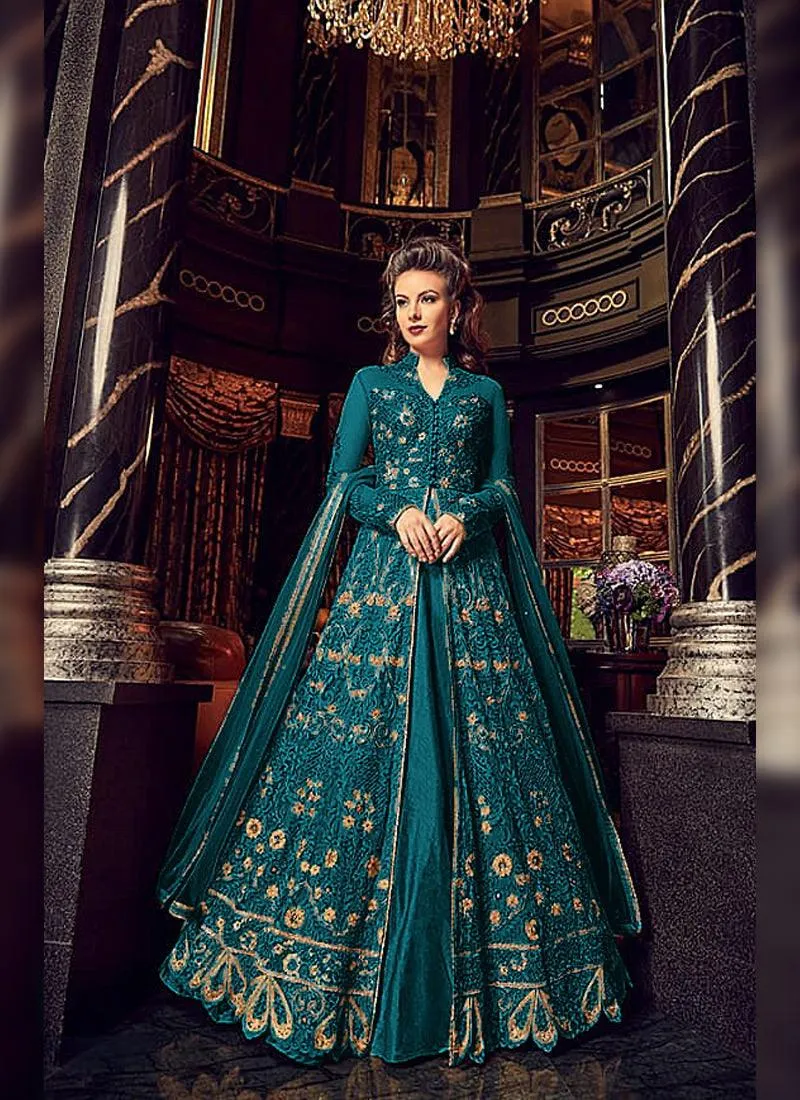 Adorable Turquoise Soft Net Base Slit Cut Designer Anarkali Suit