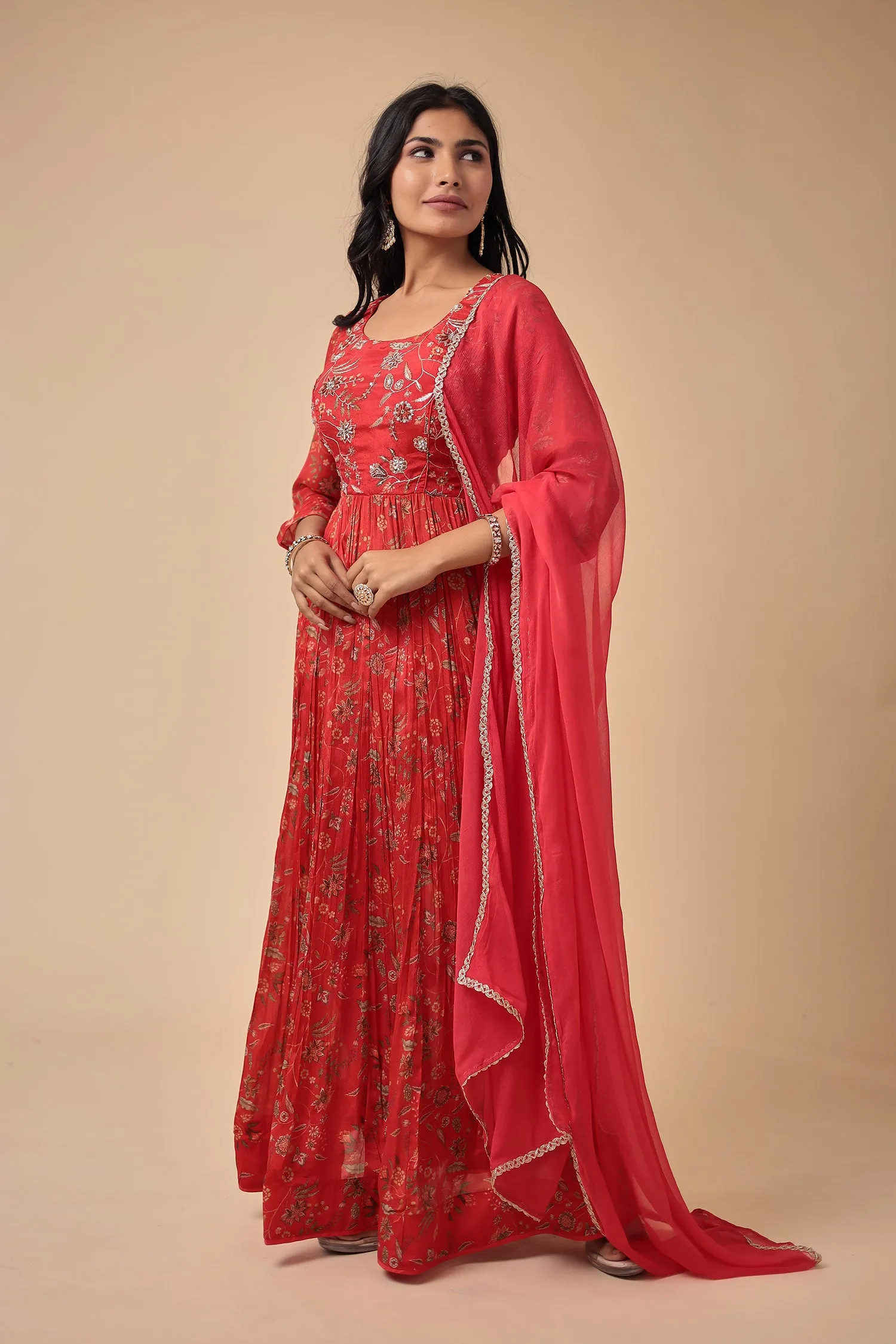 Anarkali Printed Chinon Suit with Embroidered Work