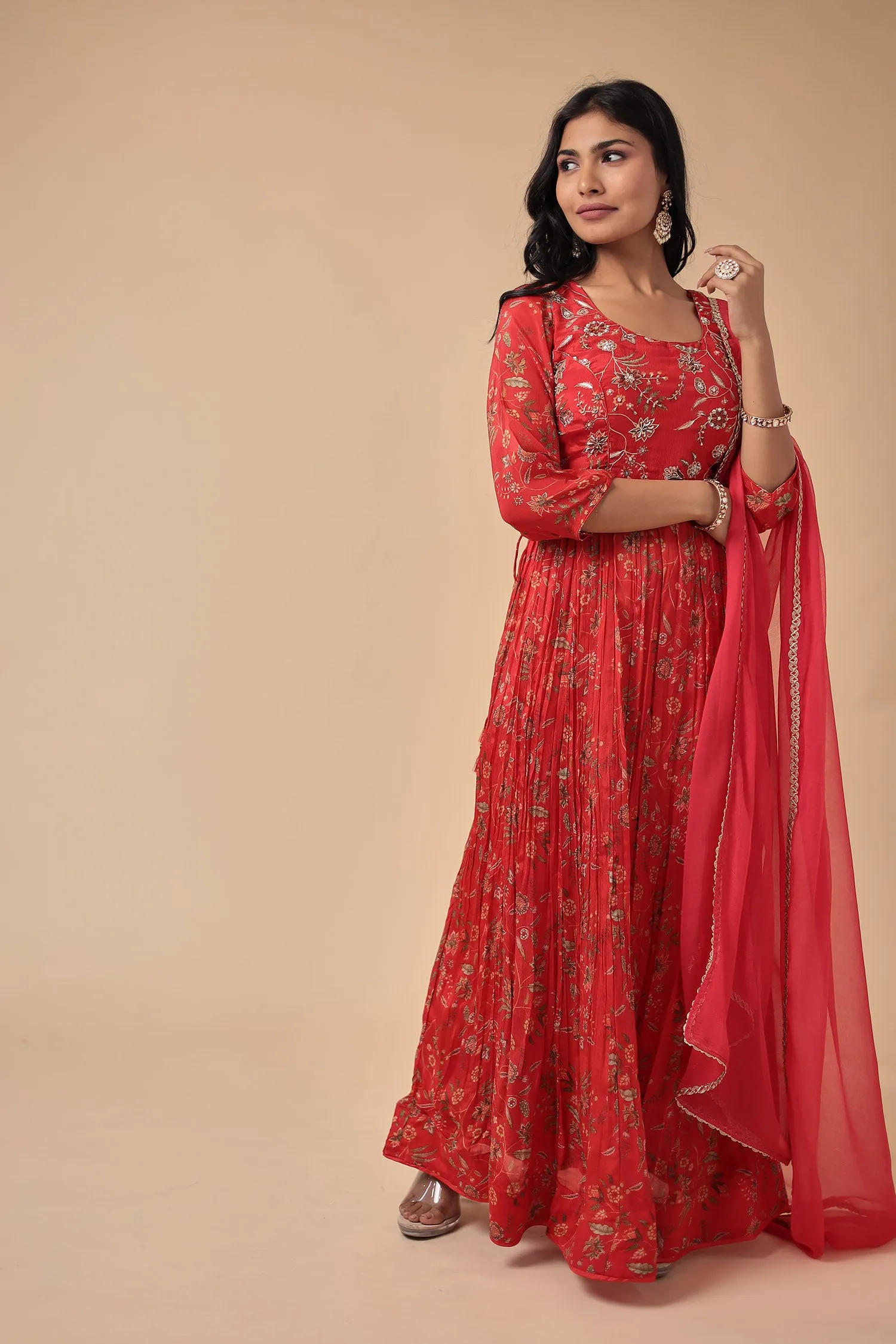 Anarkali Printed Chinon Suit with Embroidered Work