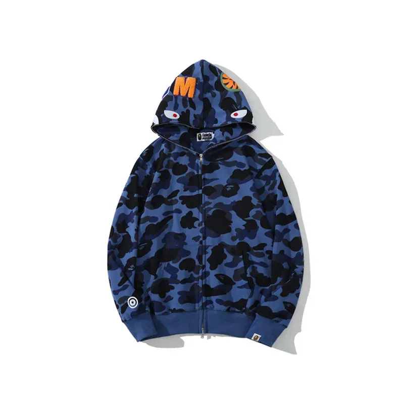 Ape Shark Camo Hoodie Streetwear Casual Hoodies Sweatshirt Full Zipper Unisex Jackets