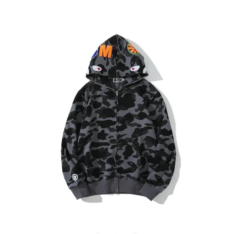 Ape Shark Camo Hoodie Streetwear Casual Hoodies Sweatshirt Full Zipper Unisex Jackets