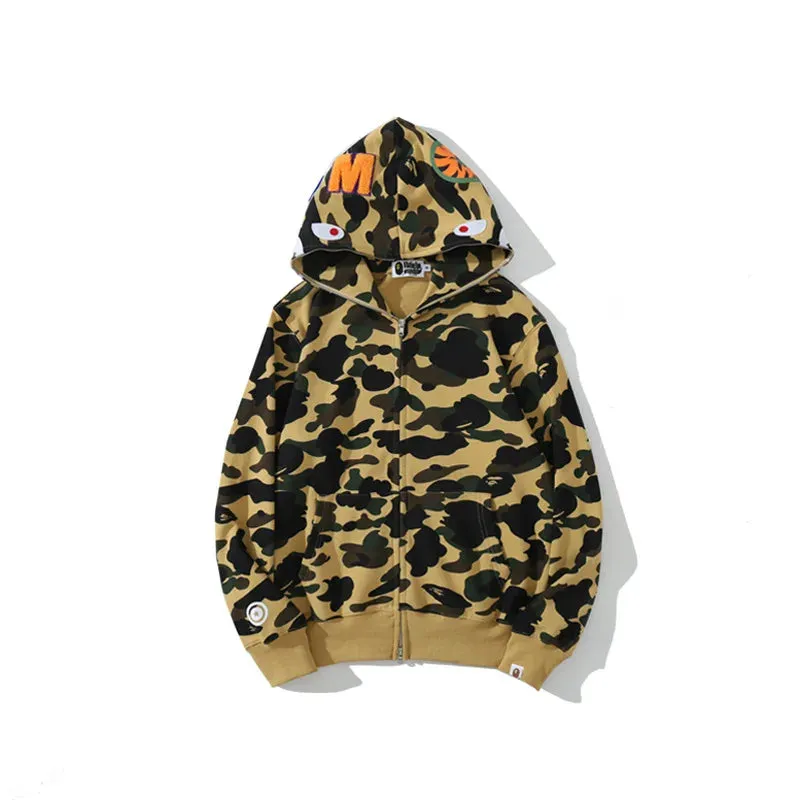 Ape Shark Camo Hoodie Streetwear Casual Hoodies Sweatshirt Full Zipper Unisex Jackets