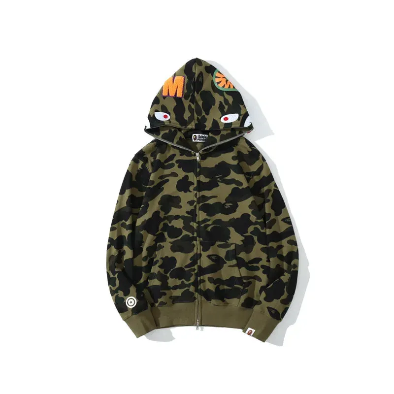 Ape Shark Camo Hoodie Streetwear Casual Hoodies Sweatshirt Full Zipper Unisex Jackets