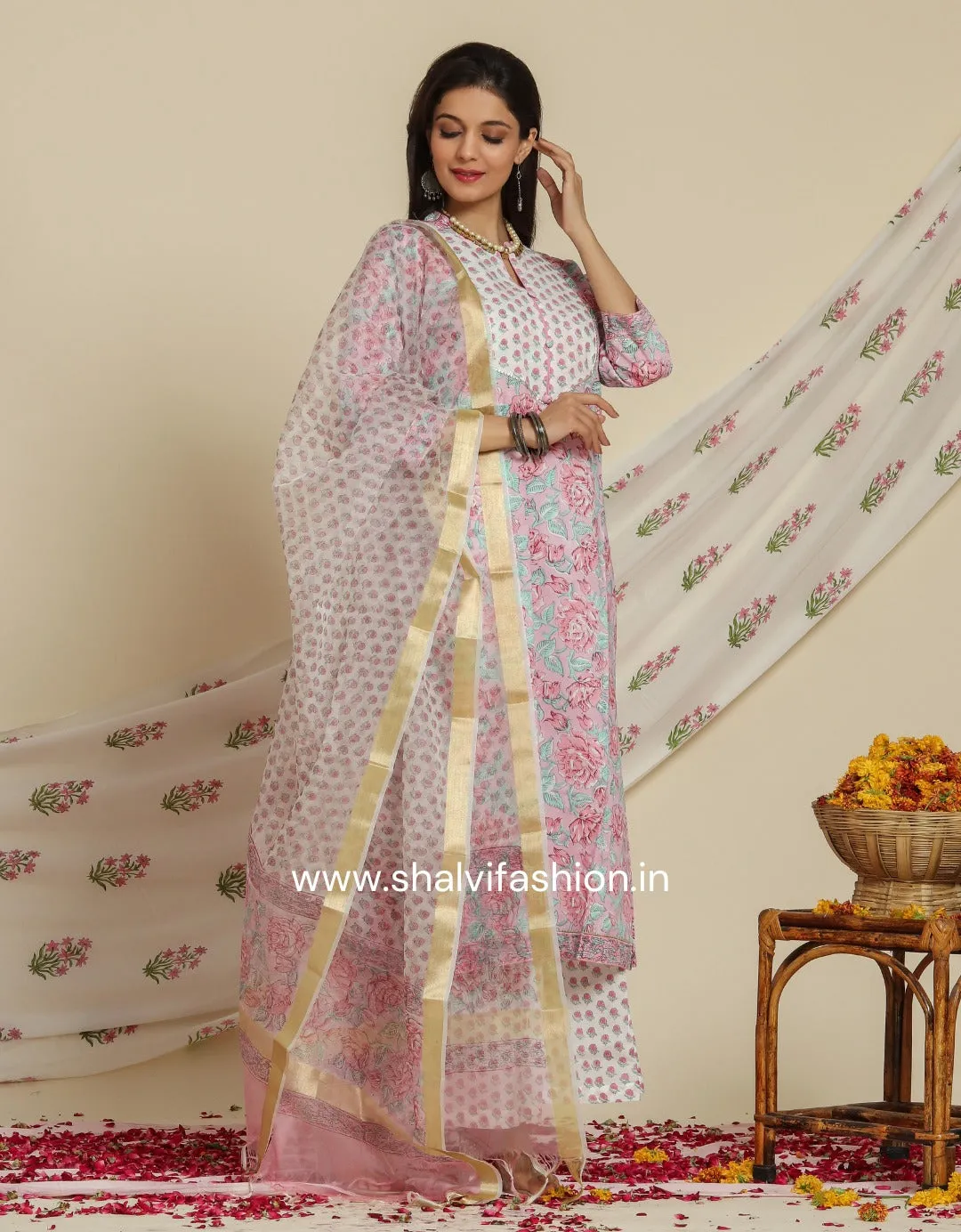 Bahar Hand Block Print Cotton Suit Set with Organza Dupatta (CSS77ORG)