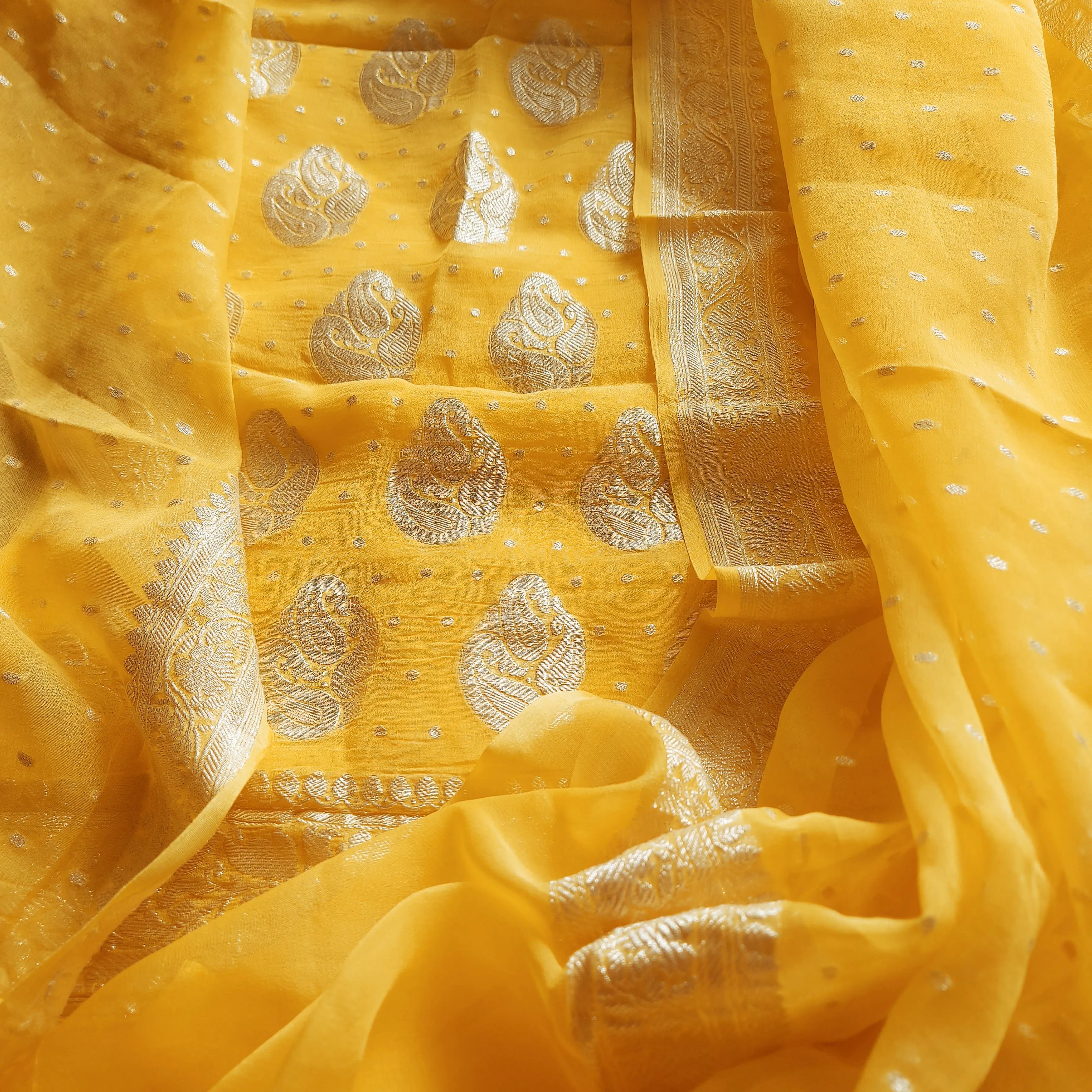 Banarasi Khaddi Salwar Kameez In Mango Yellow