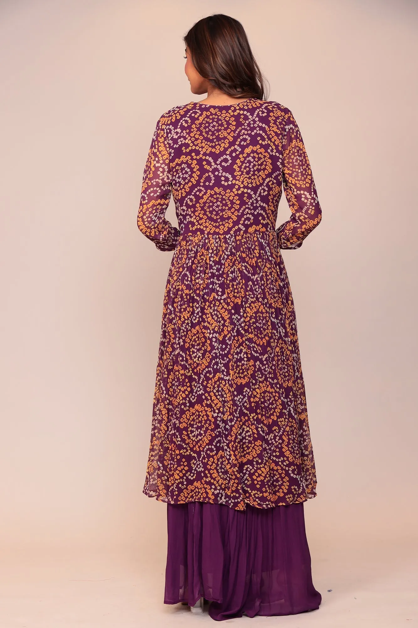 Bandhej Georgette Jacket Style Suit with Gota Patti and Thread work.