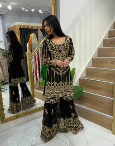 Black Georgette Gold Embellished Sharara Suit Set