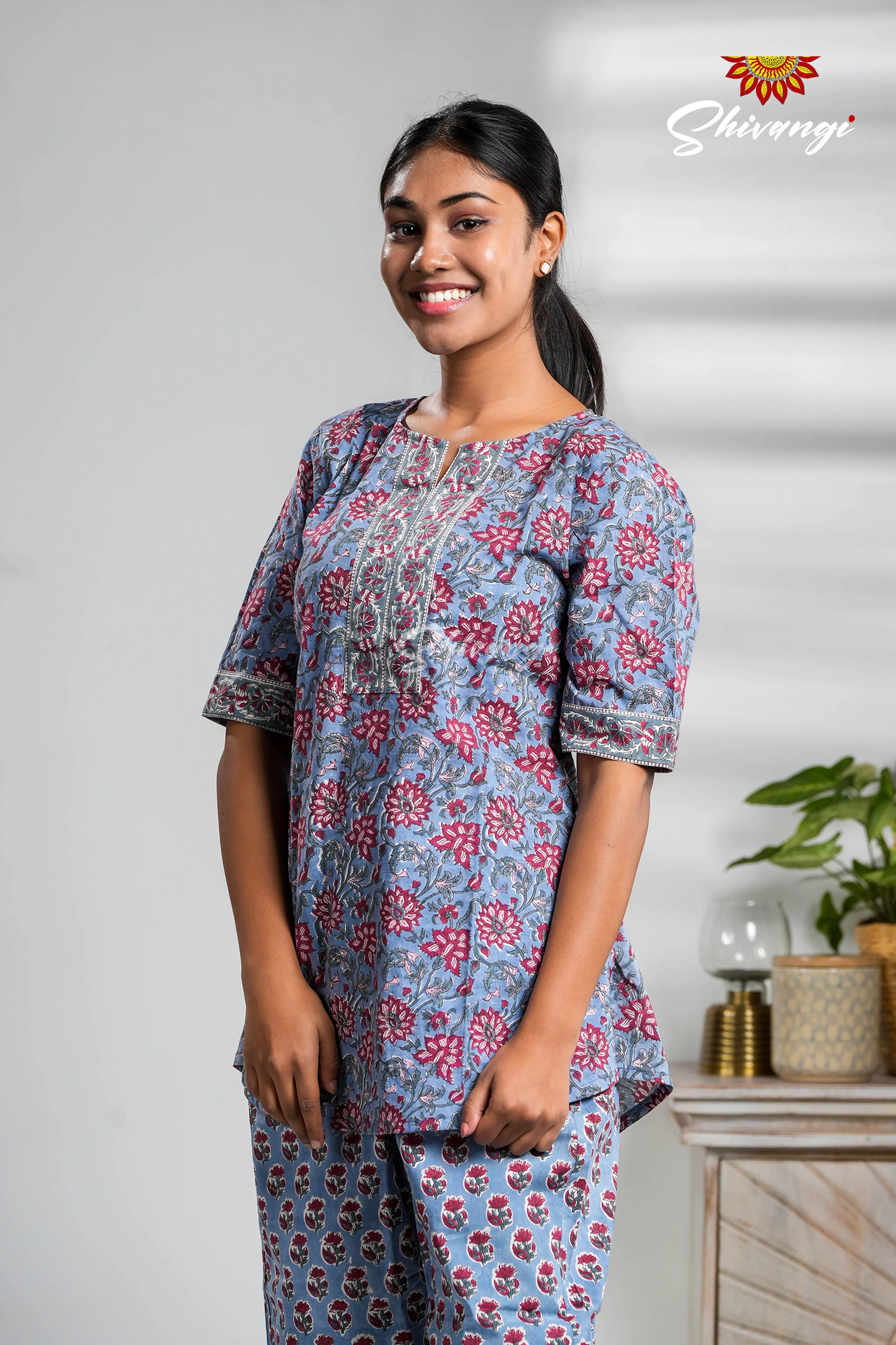 Blue Floral Print Cotton Night Wear Set For Women !!!