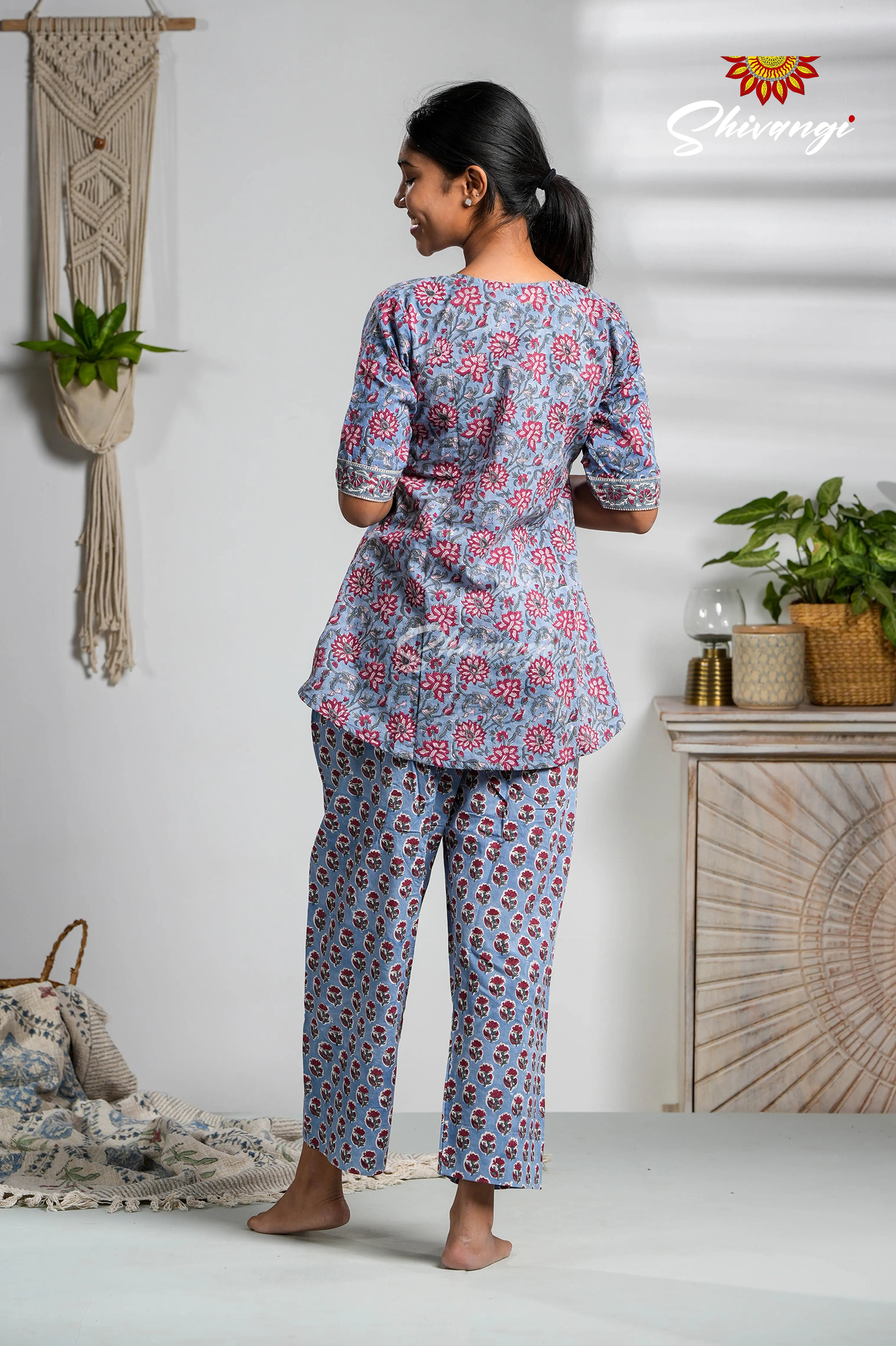 Blue Floral Print Cotton Night Wear Set For Women !!!