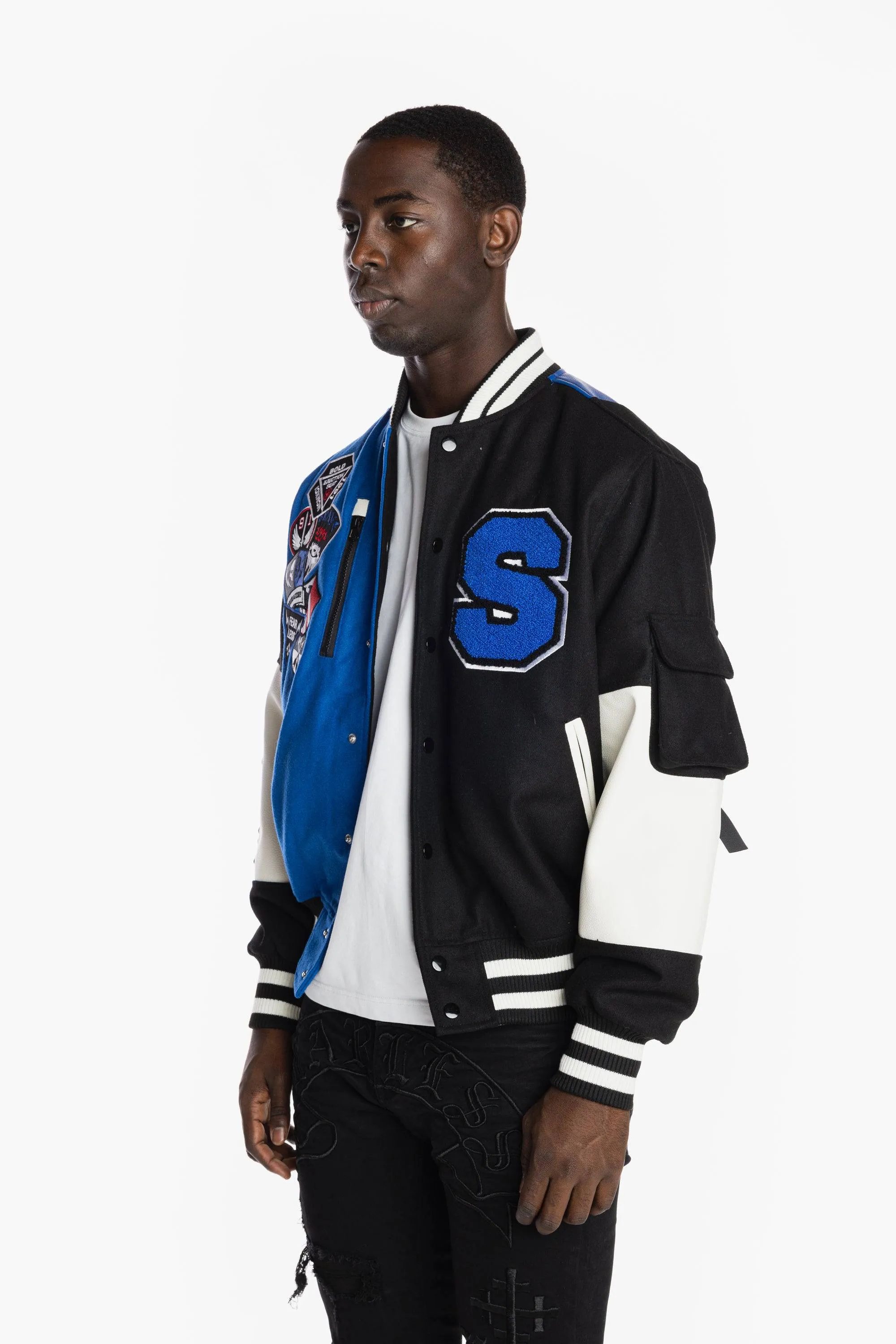 Color Block Fashion Varsity Jacket - Royal Blue