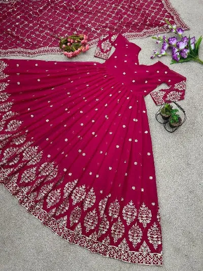 Dark Pink Georgette Embroidered Anarkali Gown Dupatta Set Of 2