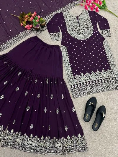 Dark Wine Georgette Heavy Embroidered Gharara Suit Set