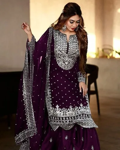 Dark Wine Georgette Heavy Embroidered Gharara Suit Set