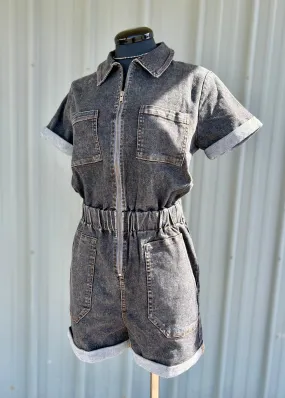 Denim Cuffed Zipper Romper