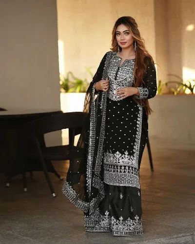 Designer Black Faux Georgette Heavy Work Gharara Suit Set