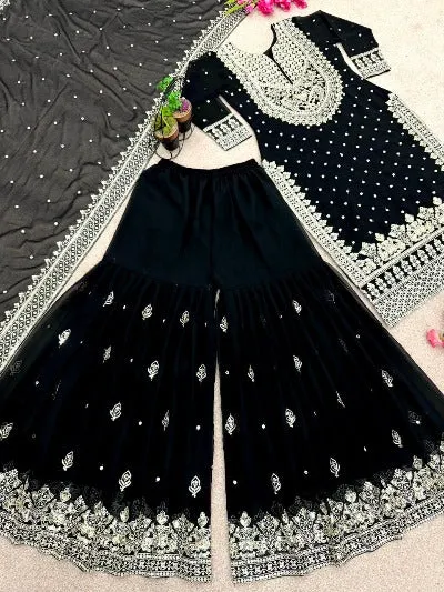 Designer Black Faux Georgette Heavy Work Gharara Suit Set