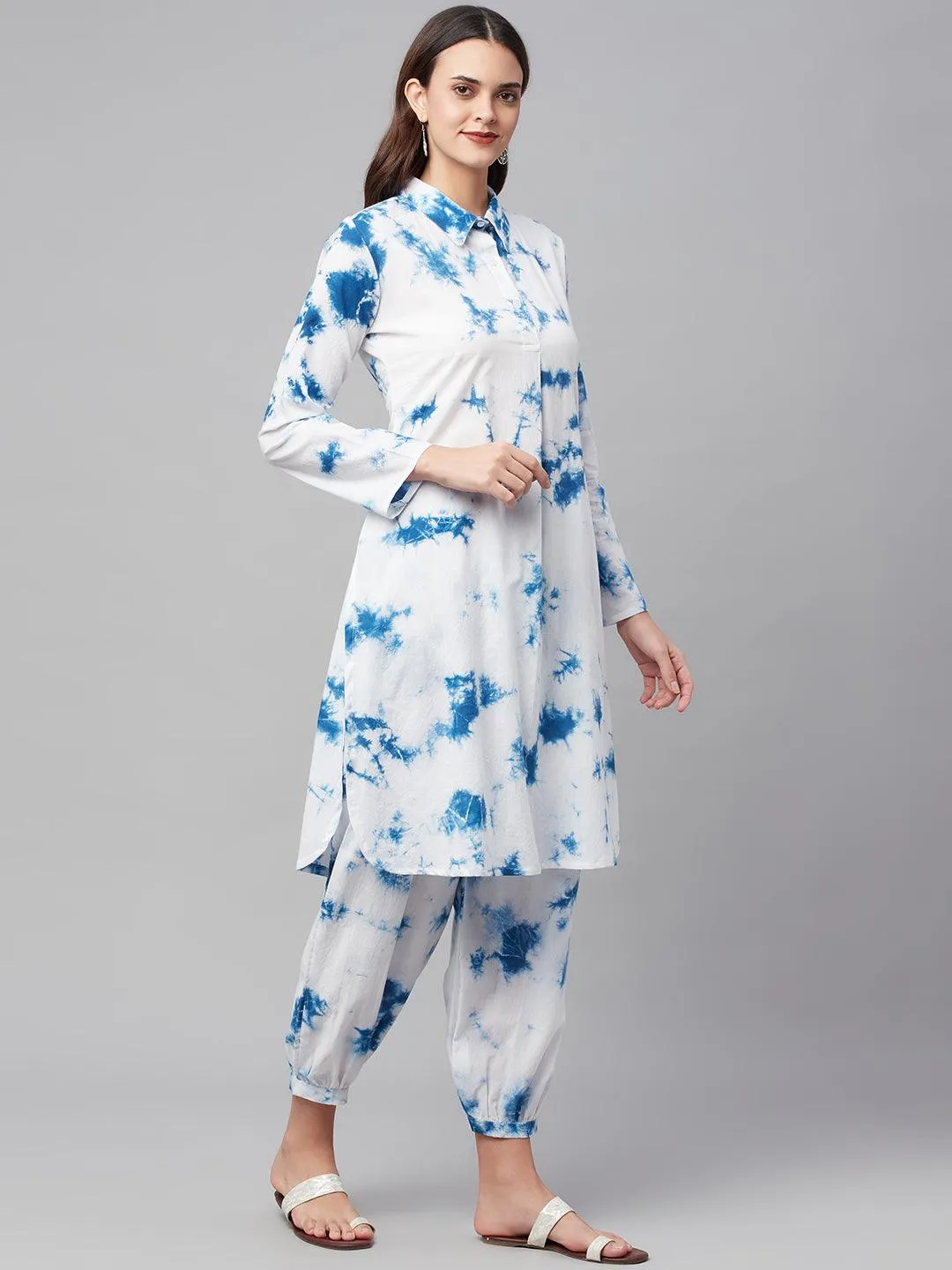 Divena Blue Cotton Shirt Style Co-ord Set