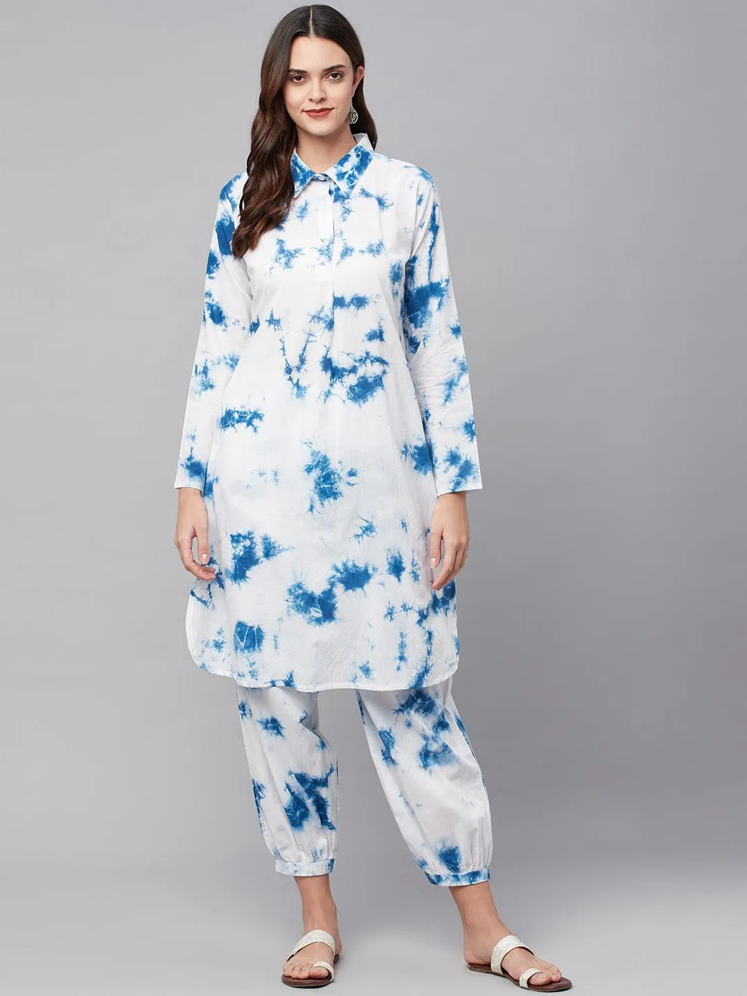 Divena Blue Cotton Shirt Style Co-ord Set