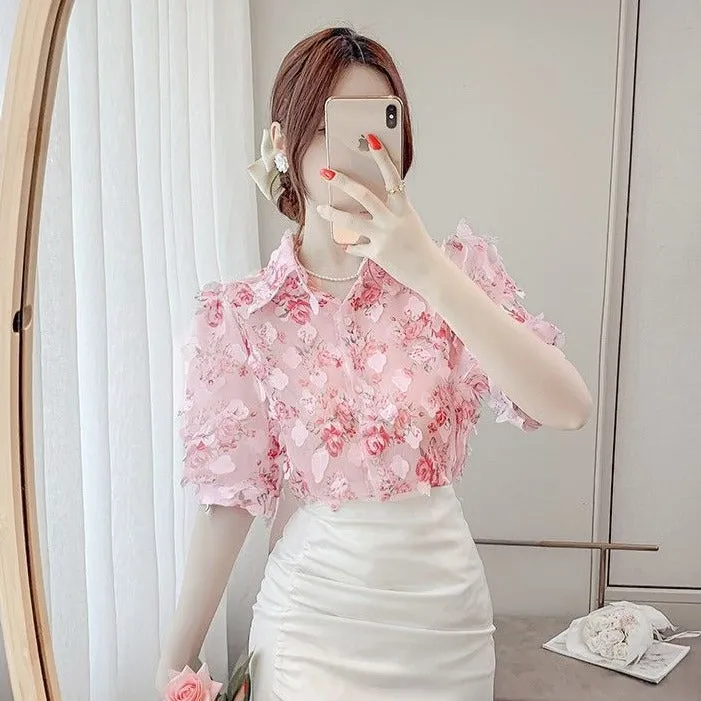 Floral Blouse With Three-Dimensional Decoration