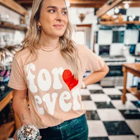 {FOREVER} Red Glitter Heart Peach Crew Neck Tee