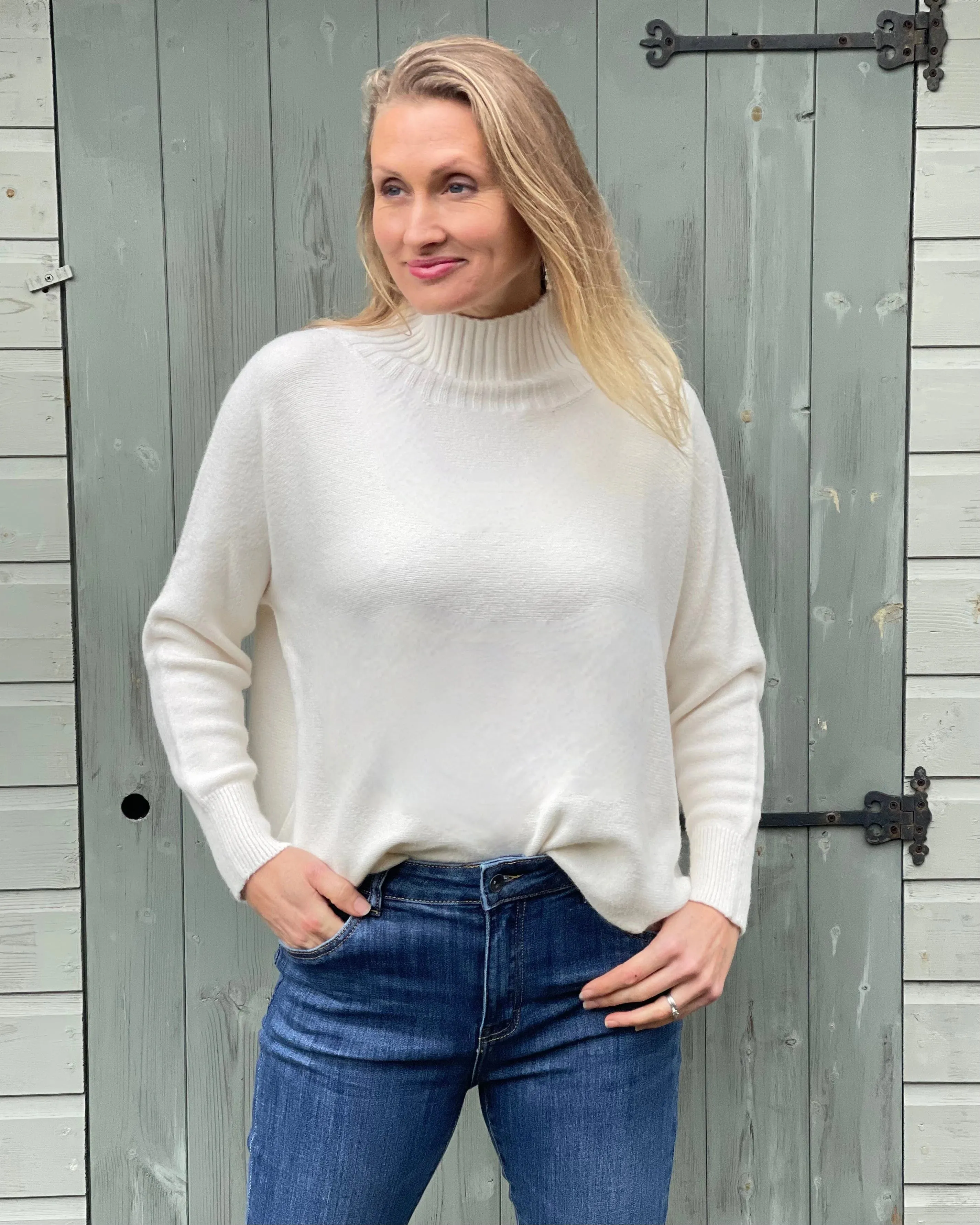 Funnel Neck Soft Knit Long Sleeve Jumper - Cream