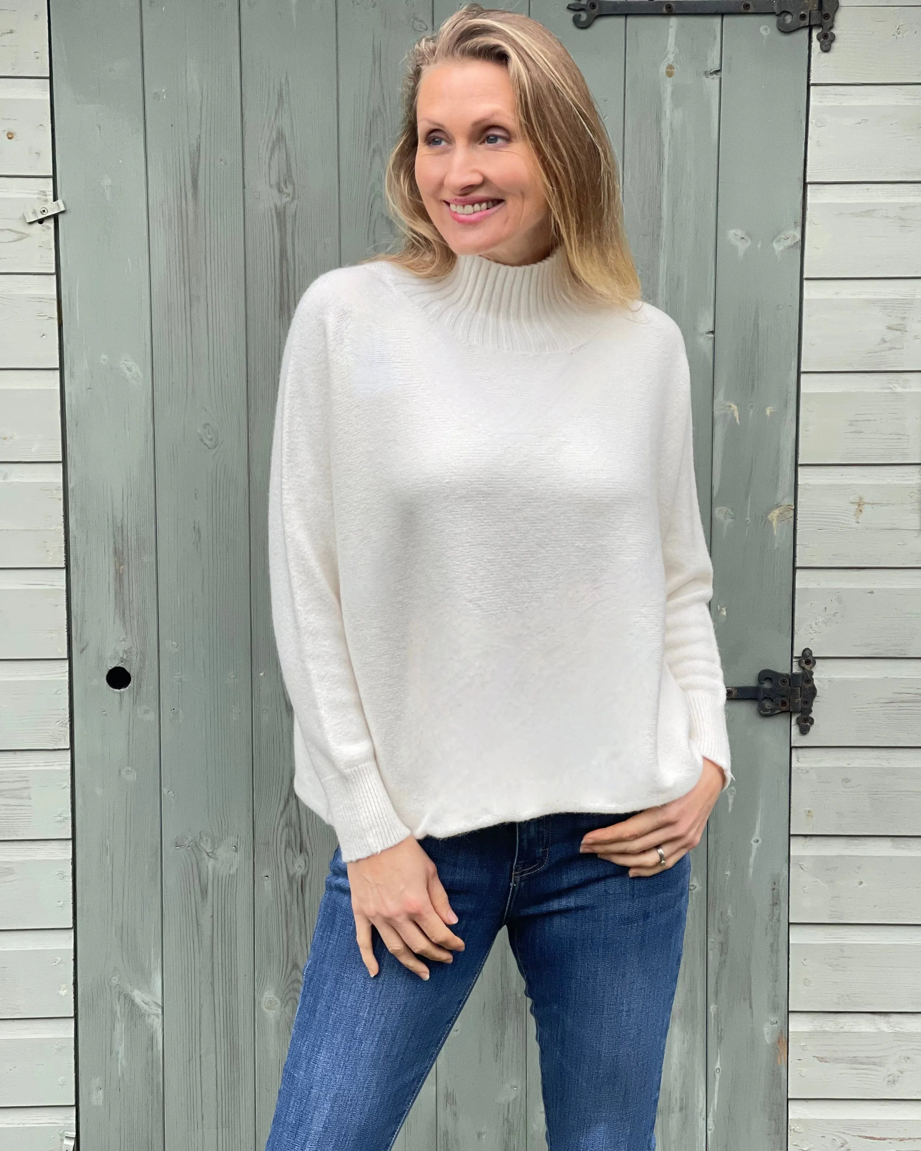 Funnel Neck Soft Knit Long Sleeve Jumper - Cream