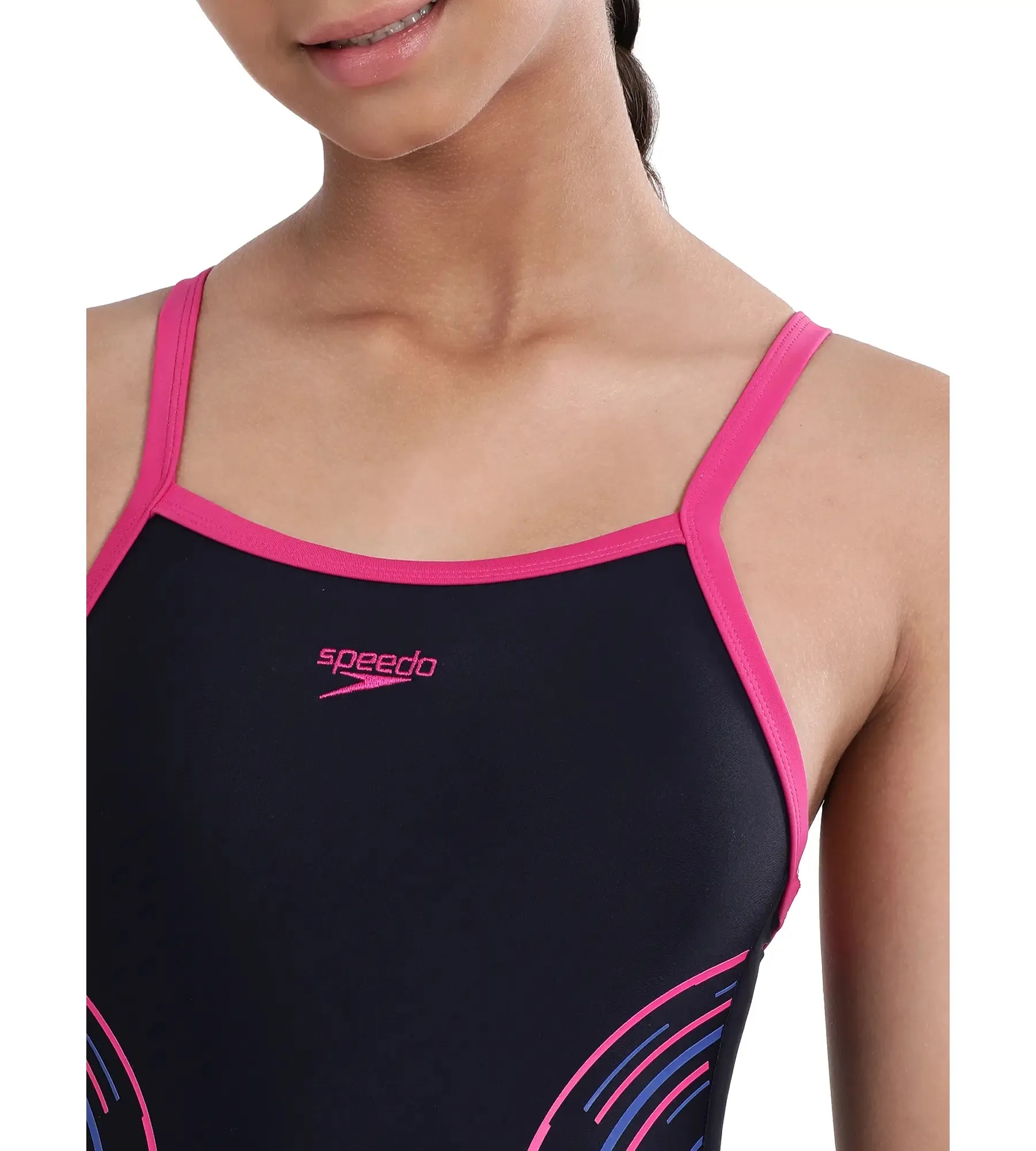 Girl's Endurance Plastisol Placement Thinstrap Muscleback Swimwear - True Navy & Electric Pink