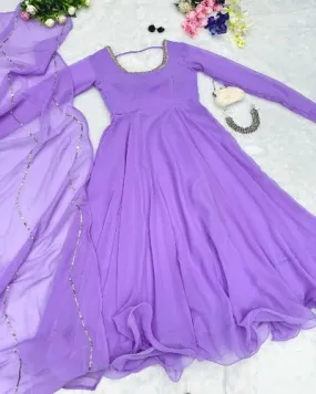 Lavender Pure Georgette Flair Anarkali Gown With Dupatta