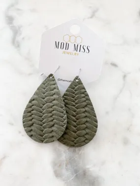 Leather Teardrop Earring Weaved Olive Green