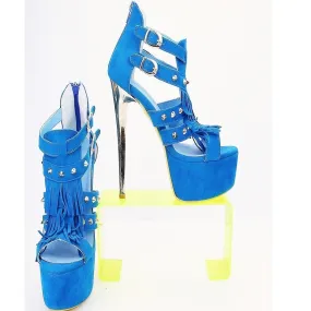 Light Blue Suede Fringe Sandal Platform Heels