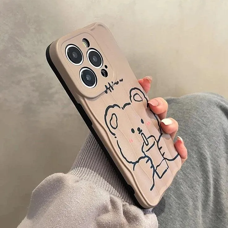 Milk Tea Bear Wave Lines Cute Phone Case For iPhone 15 Pro Max, 14, 13, 11, 12