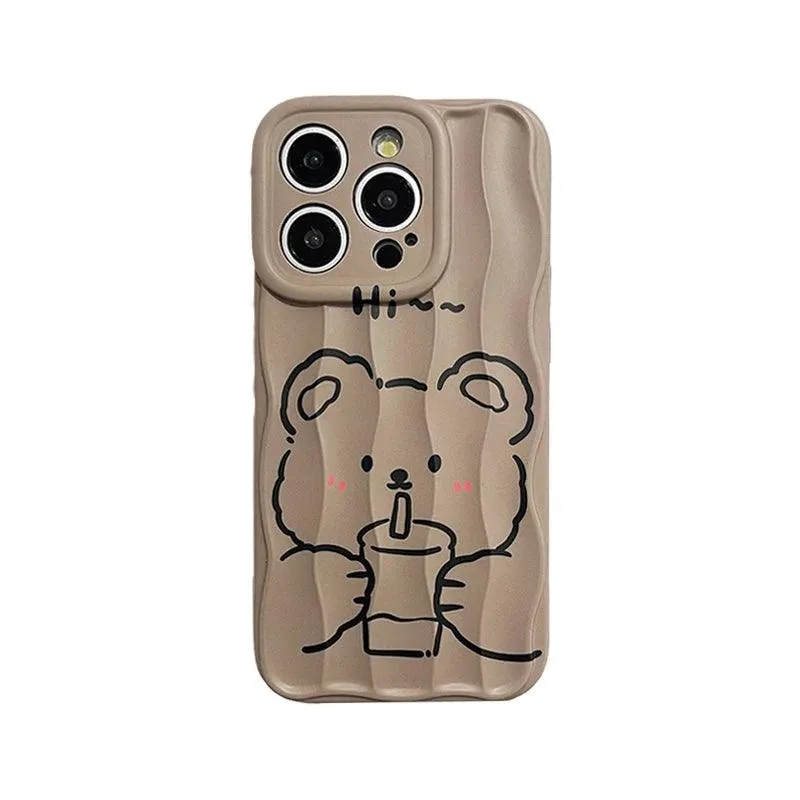 Milk Tea Bear Wave Lines Cute Phone Case For iPhone 15 Pro Max, 14, 13, 11, 12