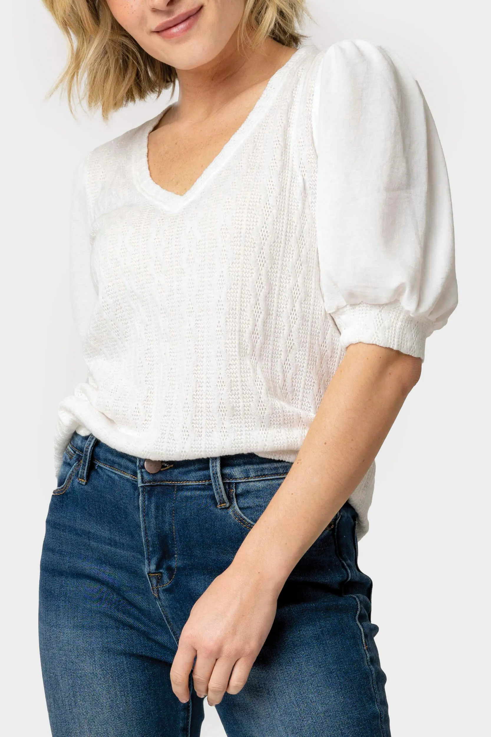 Mix Media Short Puff Sleeve Sweater