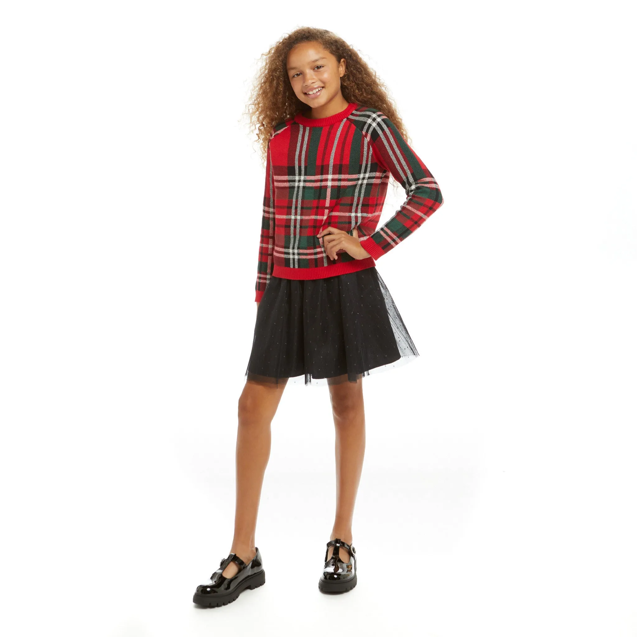 Plaid Sweater & Skirt Set (Size 7 -16 Years)| Black