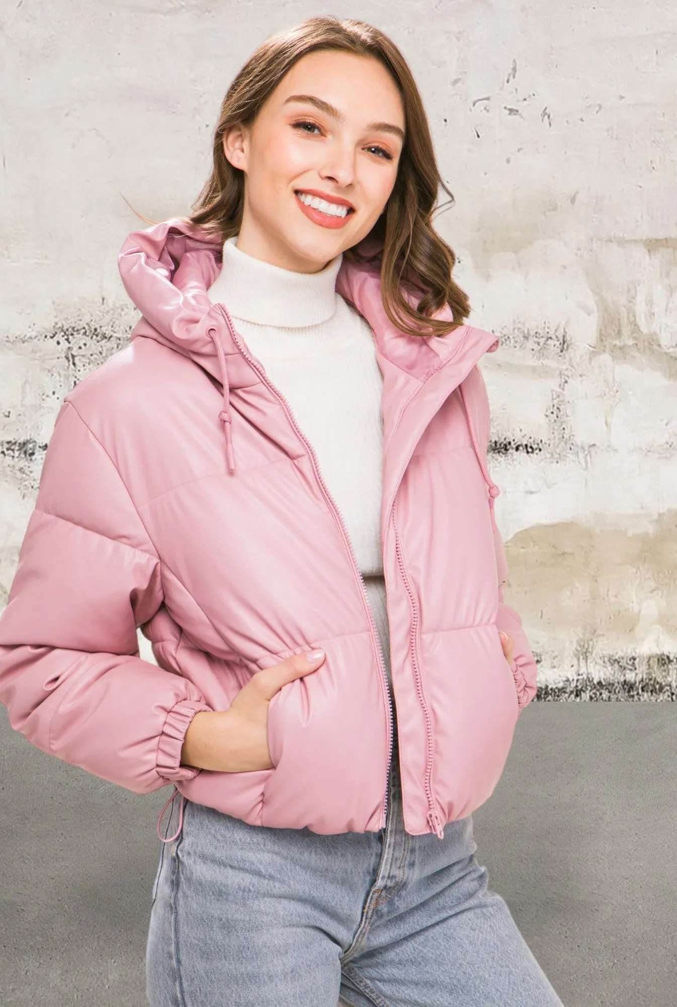 Pu Faux Leather Zipper Hooded Pink Jacket