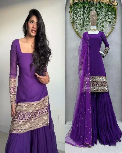 Purple Georgette Sequenced Sharara Suit Set