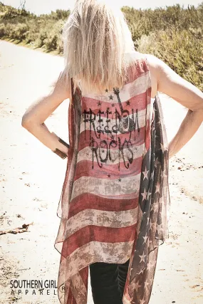 "FREEDOM ROCKS" American Flag Kimono Vest