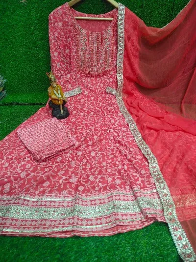 Red Cotton Embroidered Salwar Suit Set