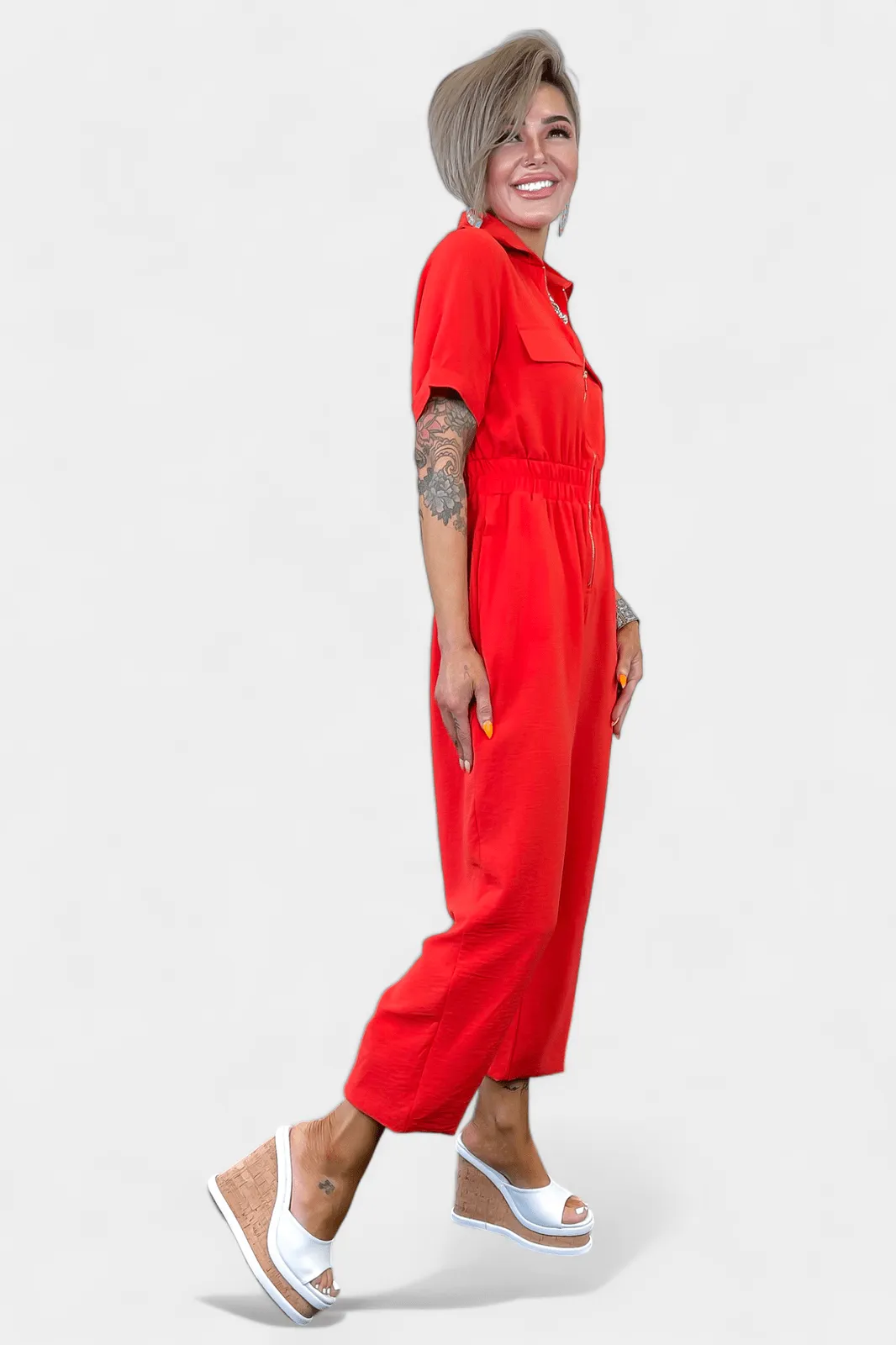 Red Front Zipper Jumpsuit