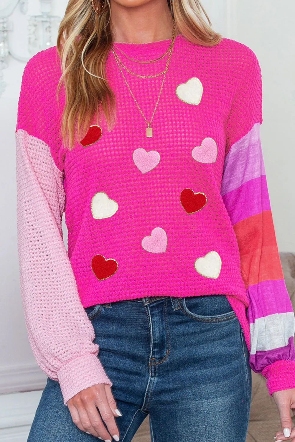 Rose Valentine Heart Graphic Color Block Sleeve Waffle Knit Top