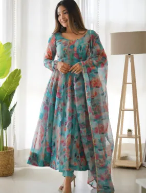 Teal Blue Organza Silk Anarkali Suit