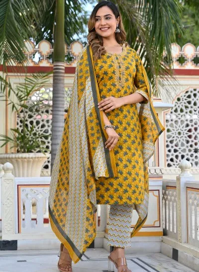 Yellow Cotton Printed Embroidered Salwar Suit Set